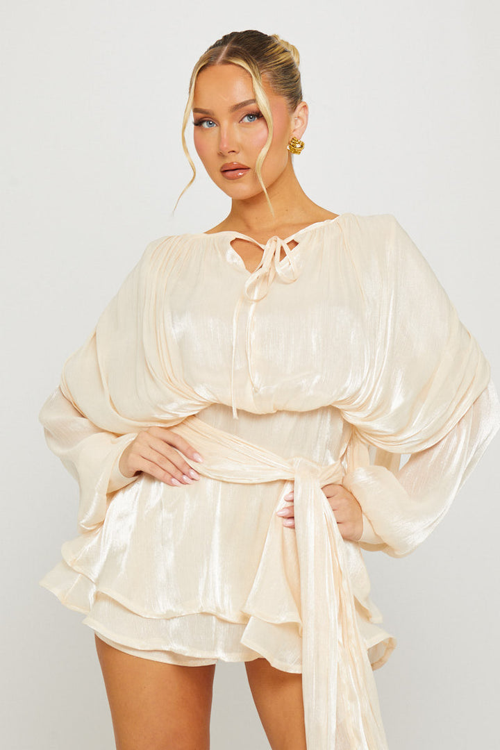 Valantomode | Ivory Ruffle Mini Dress with Full Pleats for Chic Style