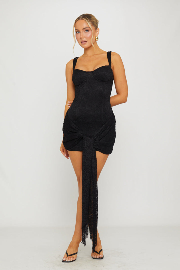 Valantomode | Chic Black Lace Mini Dress with Tie Front & Draped Design