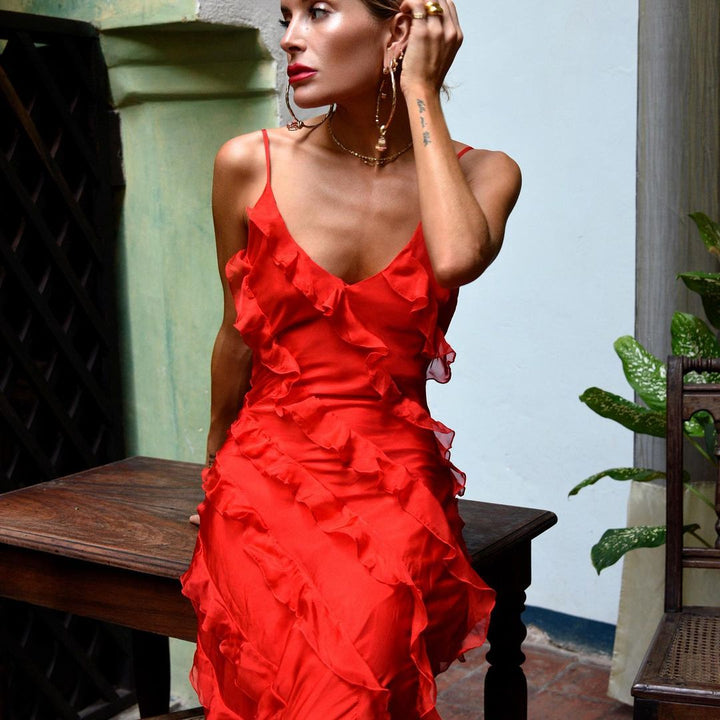 Valantomode | Elegant Evening Dress with Flowing Ruffles