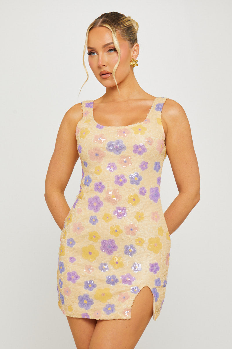 Valantomode | Purple Sequin Floral Mini Dress with Square Neck