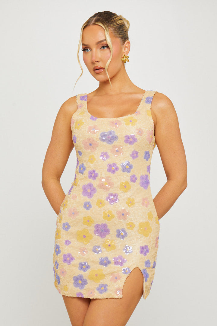 Valantomode | Purple Sequin Floral Mini Dress with Square Neck