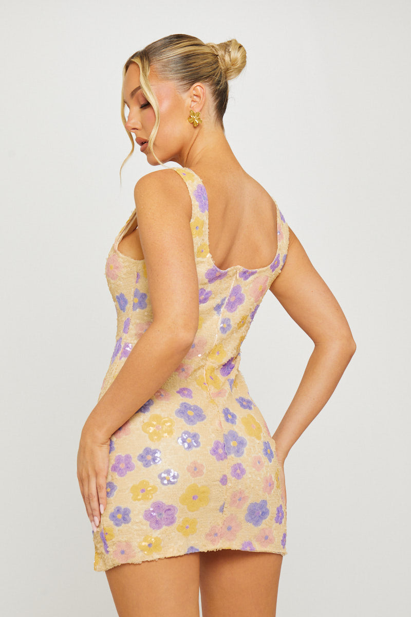 Valantomode | Purple Sequin Floral Mini Dress with Square Neck