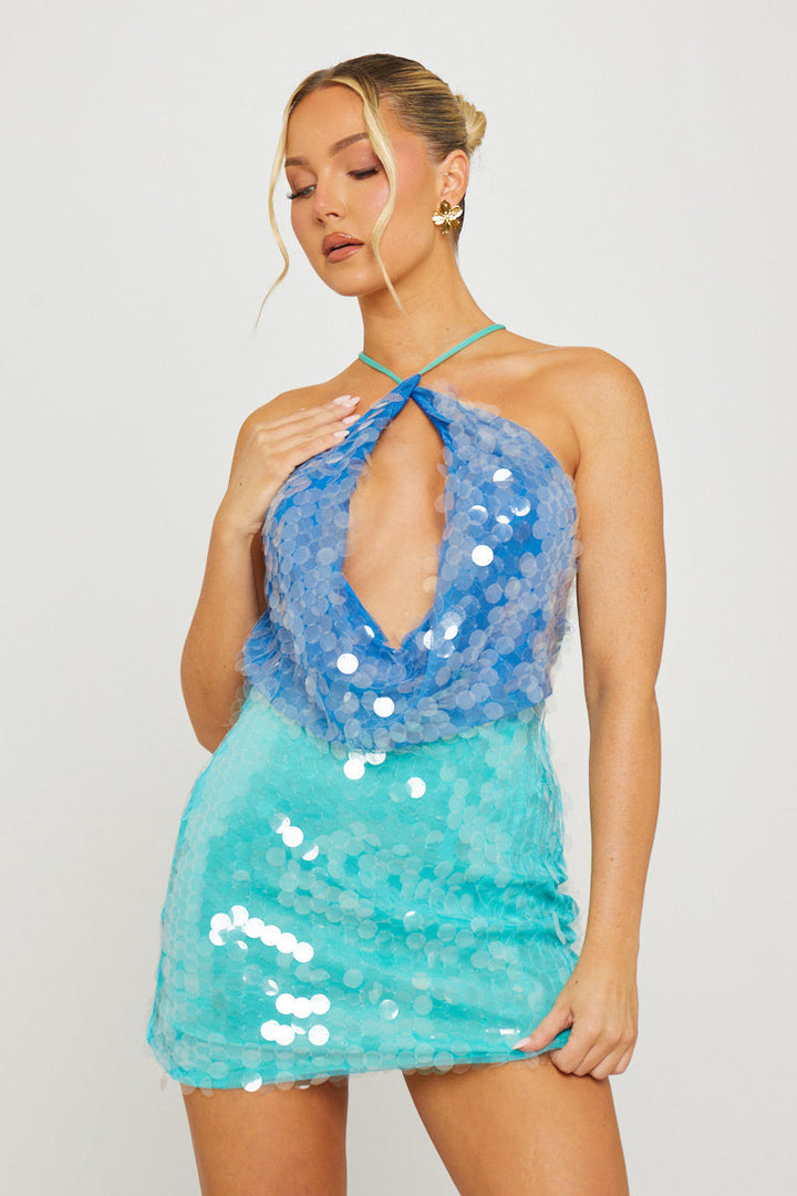 Valantomode | Stunning Blue & Green Ombre Sequin Halter Mini Dress