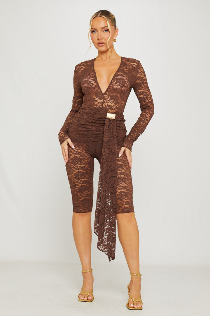 Valantomode | Chic Brown Lace Plunge Capri Jumpsuit with Drape Detail