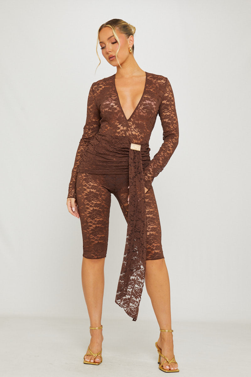Valantomode | Chic Brown Lace Plunge Capri Jumpsuit with Drape Detail