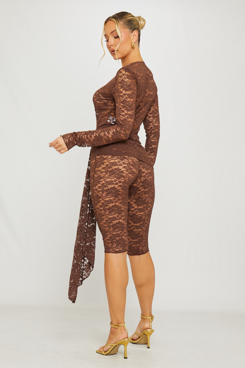 Valantomode | Chic Brown Lace Plunge Capri Jumpsuit with Drape Detail
