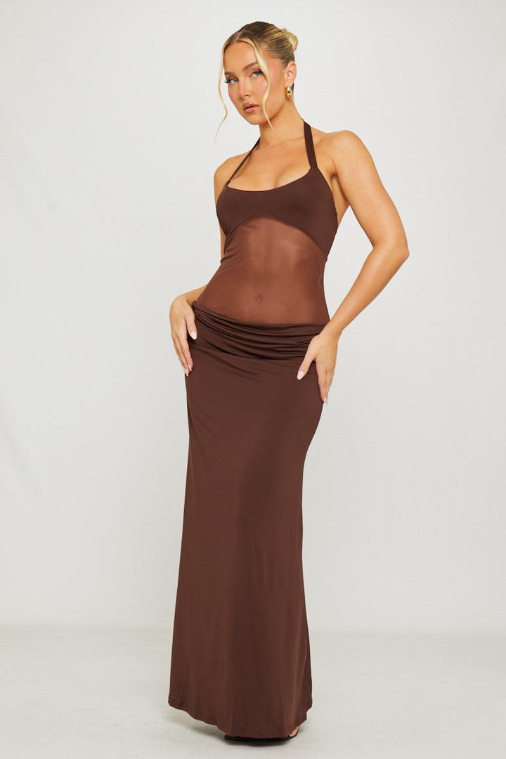 Valantomode | Chic Brown Halter Maxi Dress with Mesh Panel Detail