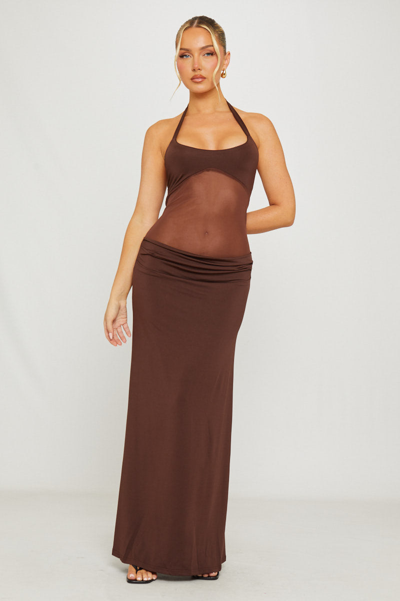 Valantomode | Chic Brown Halter Maxi Dress with Mesh Panel Detail