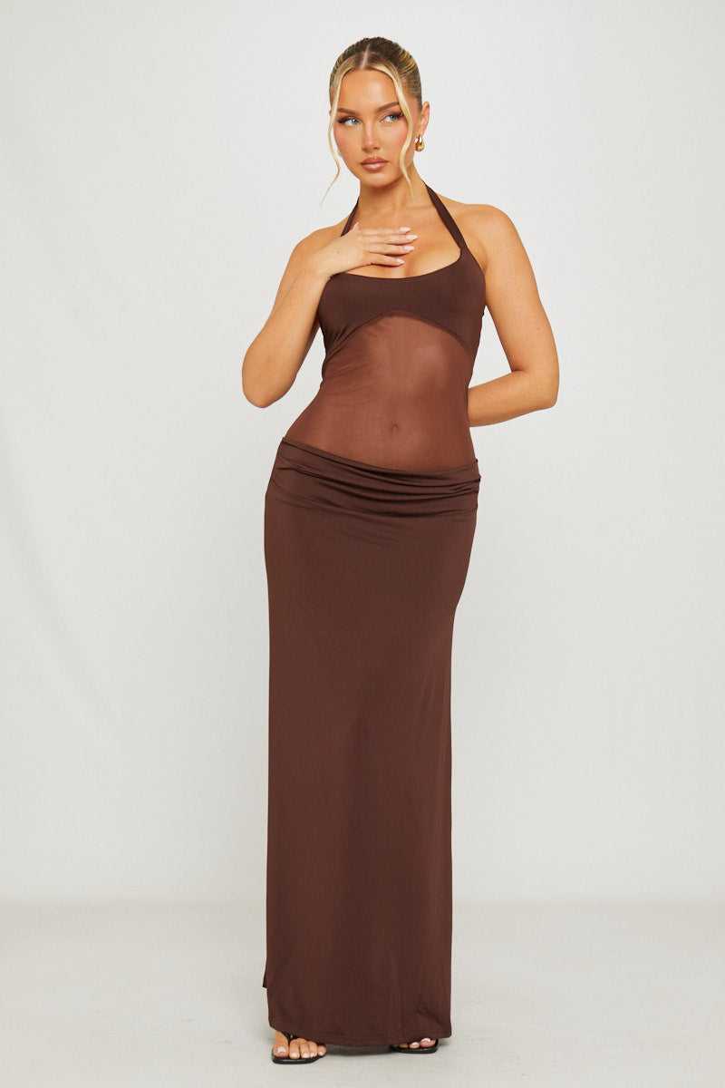 Valantomode | Chic Brown Halter Maxi Dress with Mesh Panel Detail