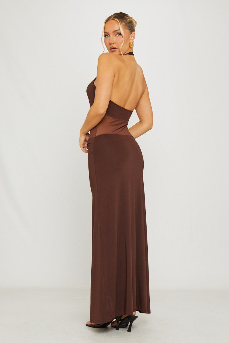 Valantomode | Chic Brown Halter Maxi Dress with Mesh Panel Detail