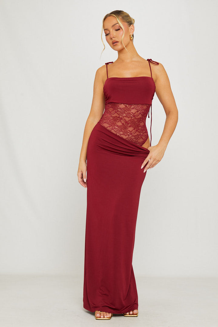 Valantomode | Elegant Burgundy Lace Maxi Dress with Shoulder Ties