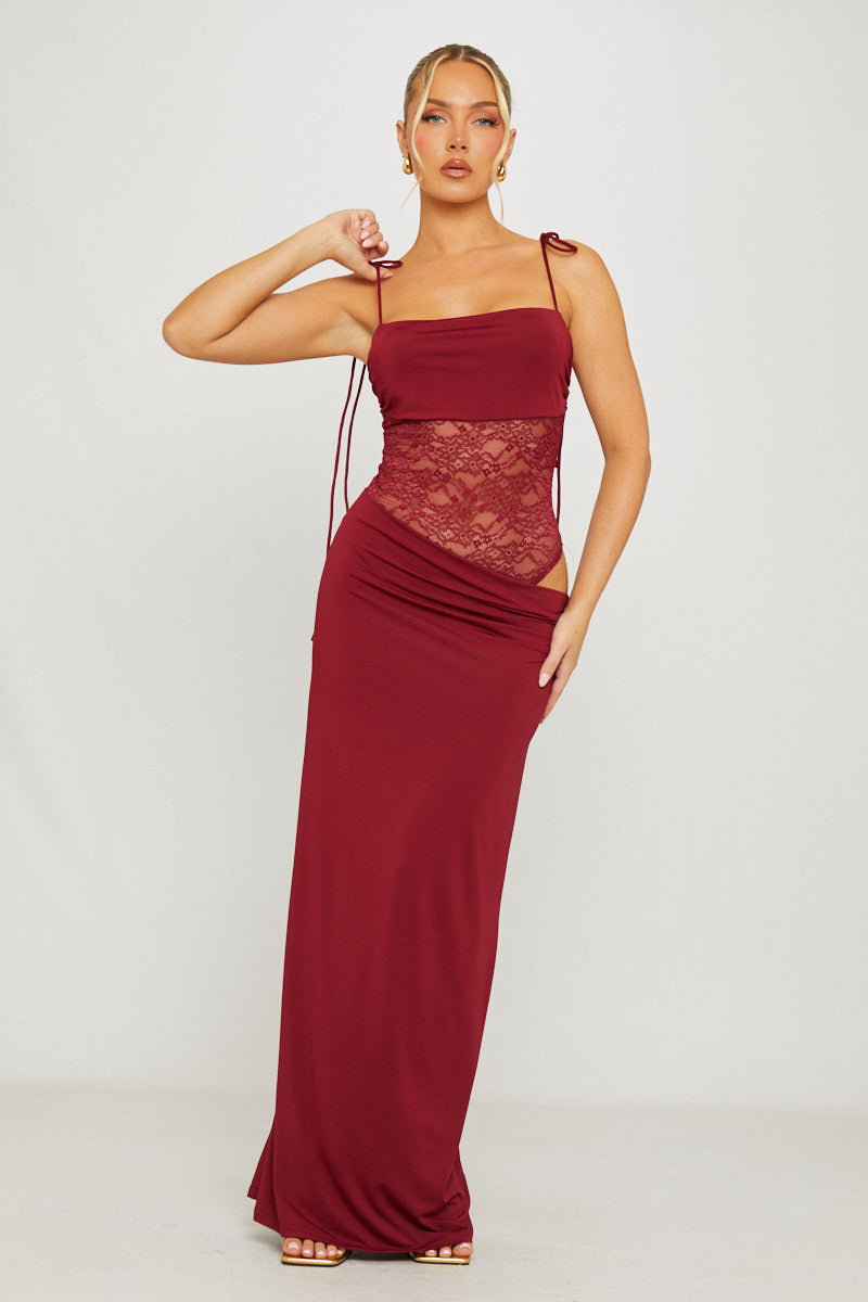 Valantomode | Elegant Burgundy Lace Maxi Dress with Shoulder Ties