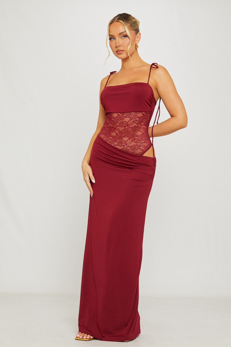 Valantomode | Elegant Burgundy Lace Maxi Dress with Shoulder Ties
