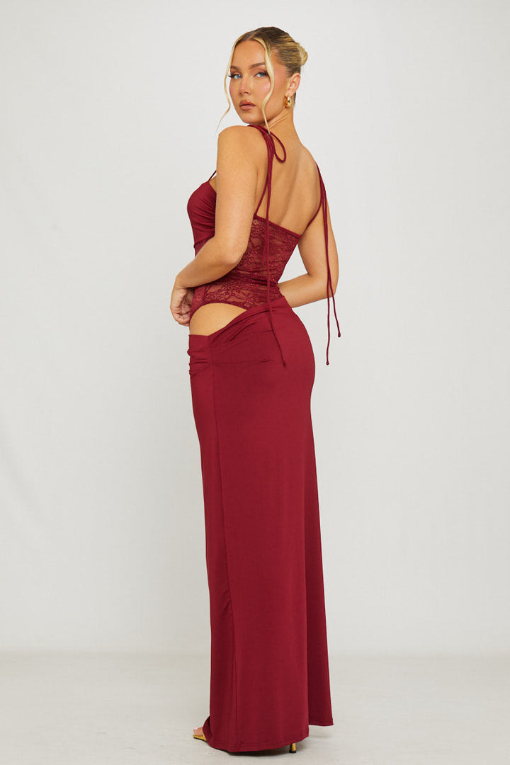 Valantomode | Elegant Burgundy Lace Maxi Dress with Shoulder Ties