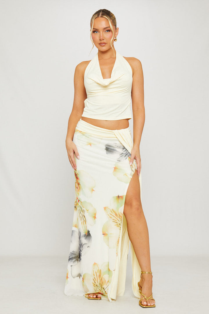 Valantomode | Floral Cowl Neck Top & Draped Maxi Skirt Set