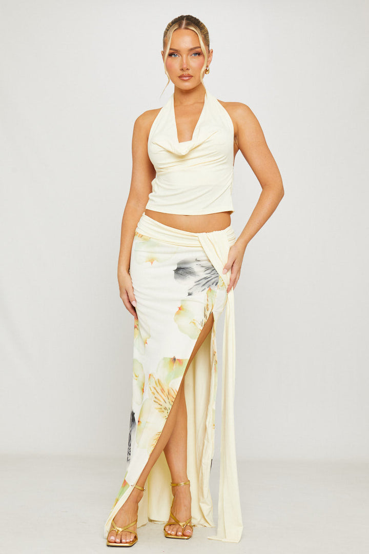 Valantomode | Floral Cowl Neck Top & Draped Maxi Skirt Set
