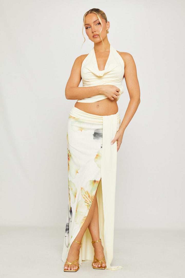 Valantomode | Floral Cowl Neck Top & Draped Maxi Skirt Set