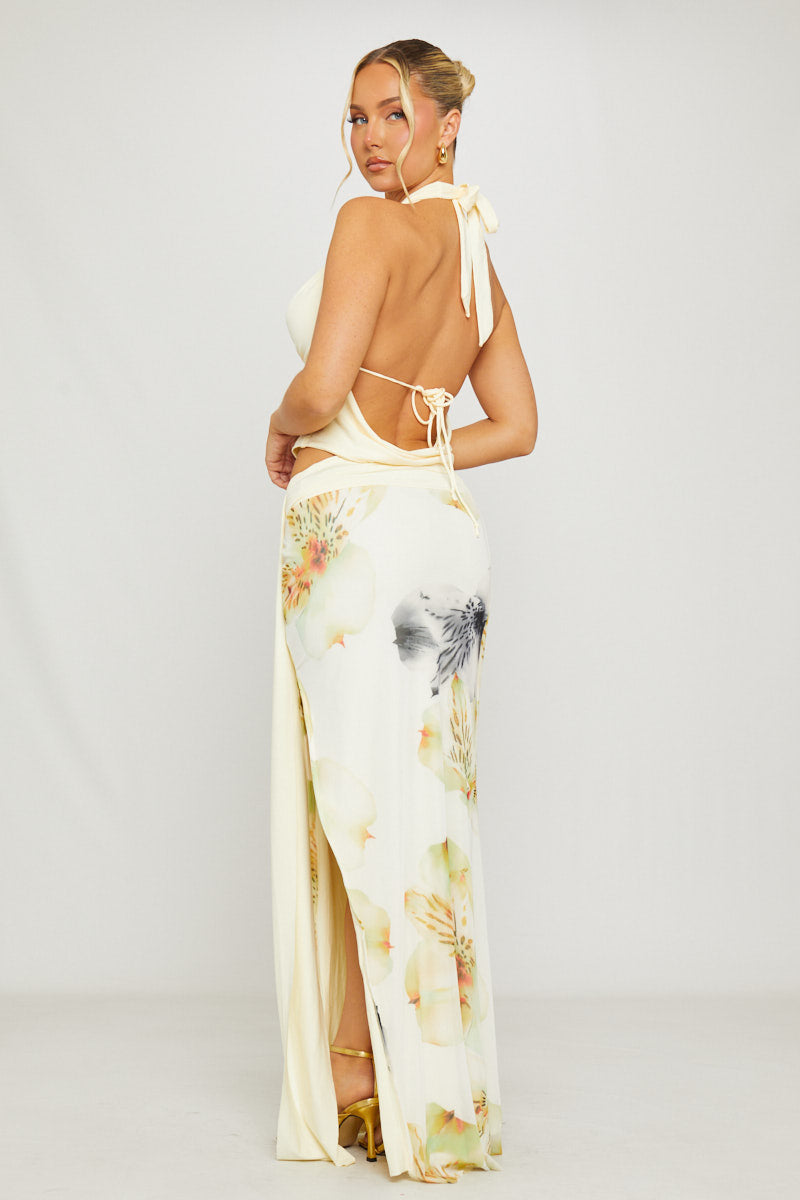 Valantomode | Floral Cowl Neck Top & Draped Maxi Skirt Set