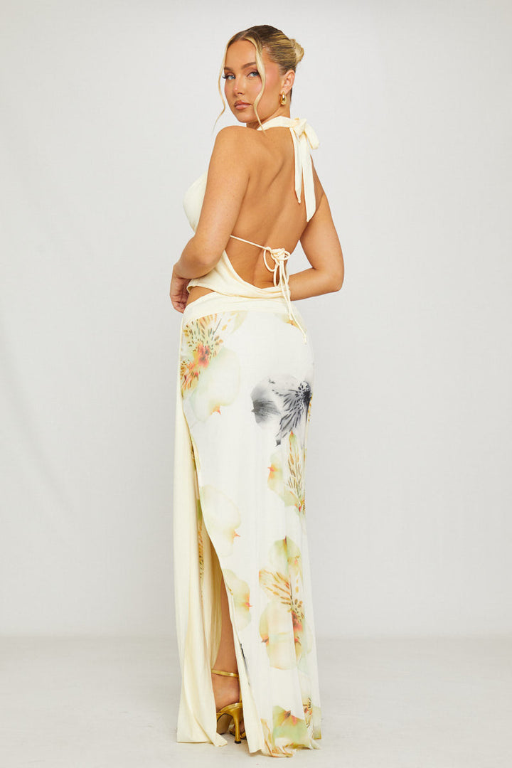 Valantomode | Floral Cowl Neck Top & Draped Maxi Skirt Set