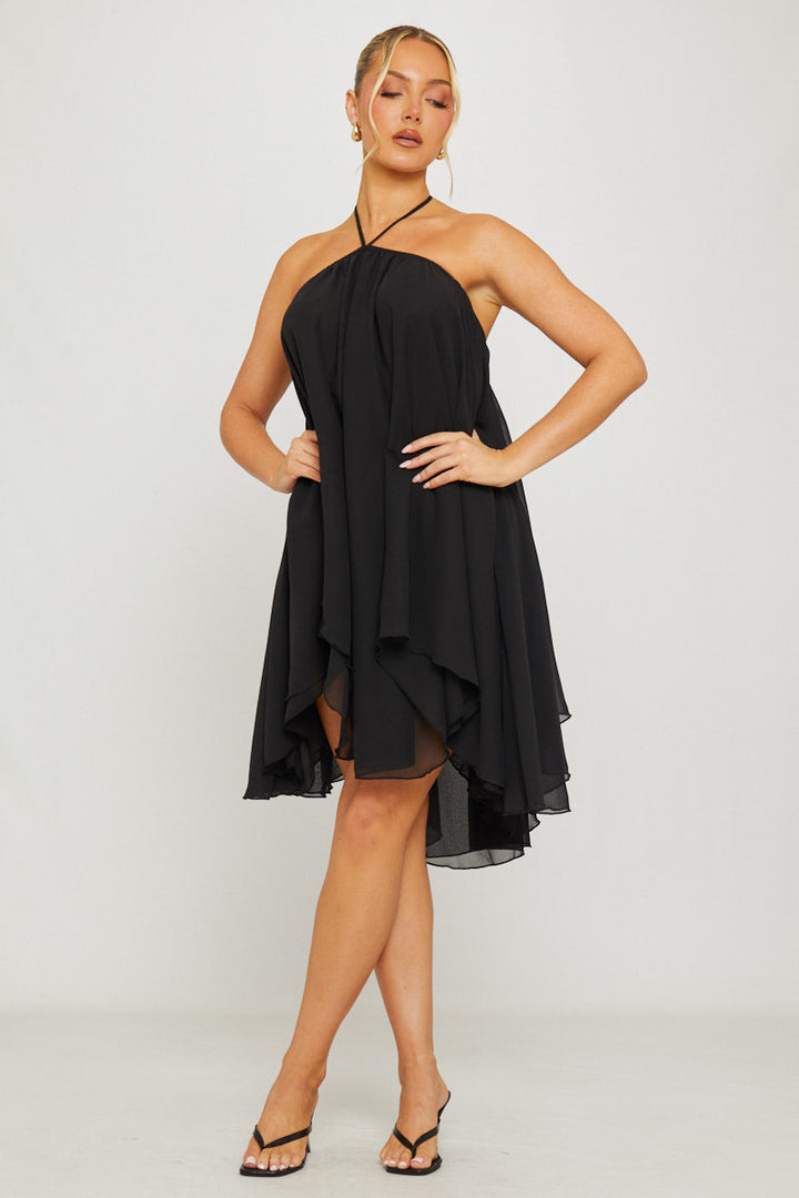 Valantomode | Chic Black Halter Asymmetric Mini Dress in Chiffon
