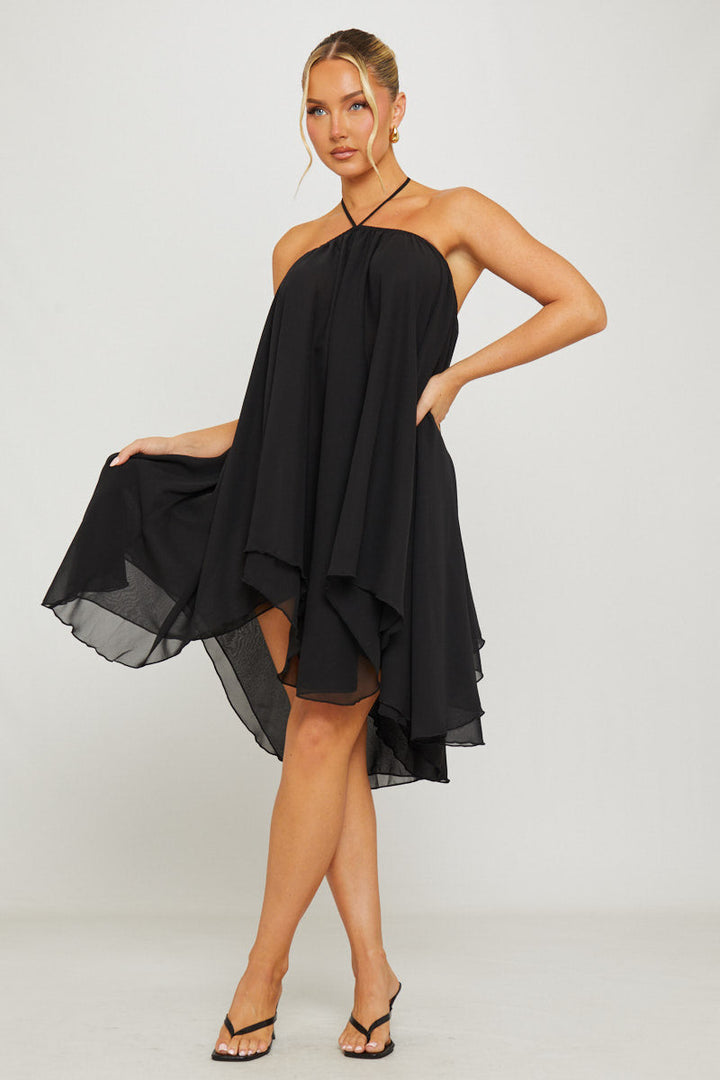 Valantomode | Chic Black Halter Asymmetric Mini Dress in Chiffon