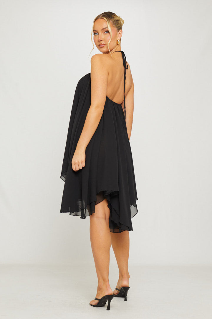 Valantomode | Chic Black Halter Asymmetric Mini Dress in Chiffon