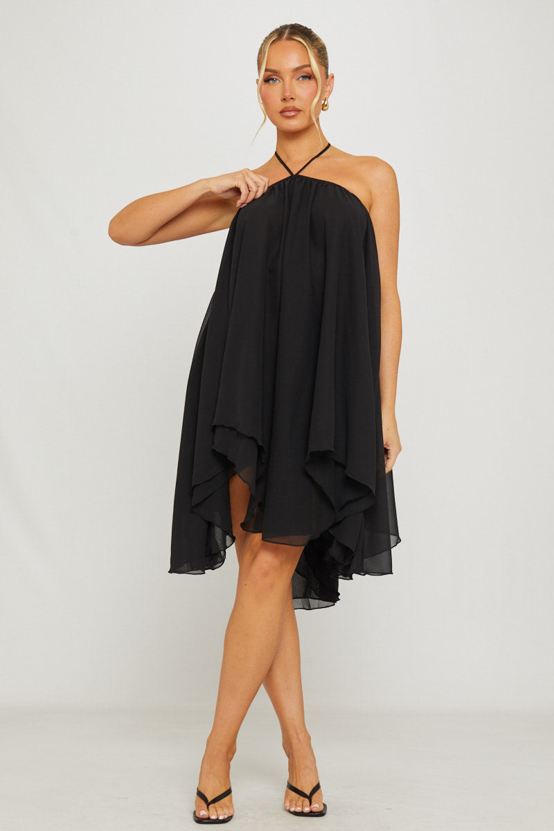 Valantomode | Chic Black Halter Asymmetric Mini Dress in Chiffon
