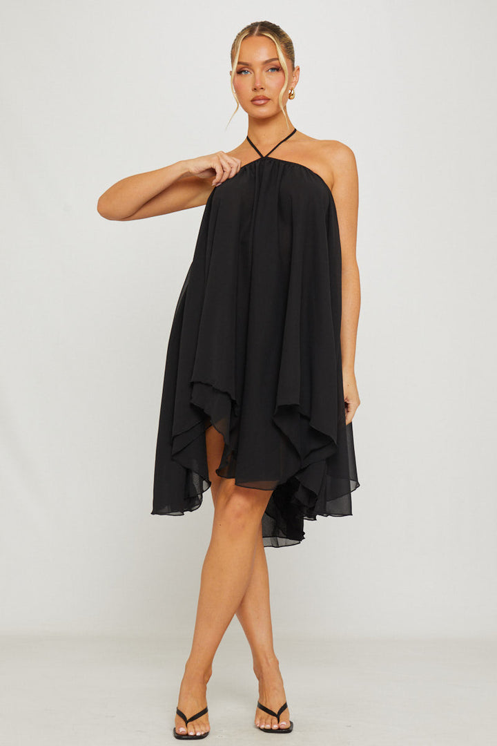 Valantomode | Chic Black Halter Asymmetric Mini Dress in Chiffon