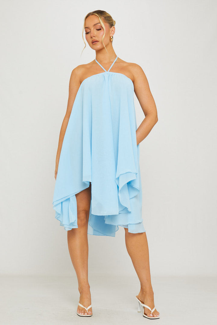 Valantomode | Chic Blue Asymmetric Mini Halter Dress in Chiffon
