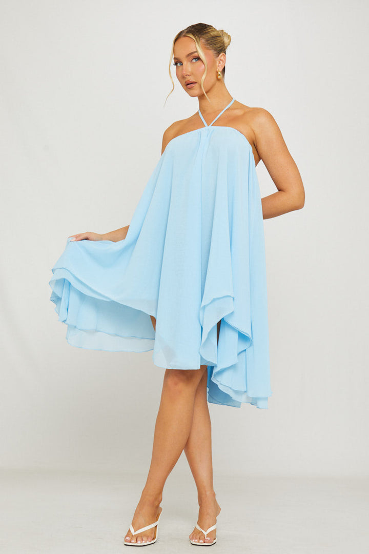 Valantomode | Chic Blue Asymmetric Mini Halter Dress in Chiffon