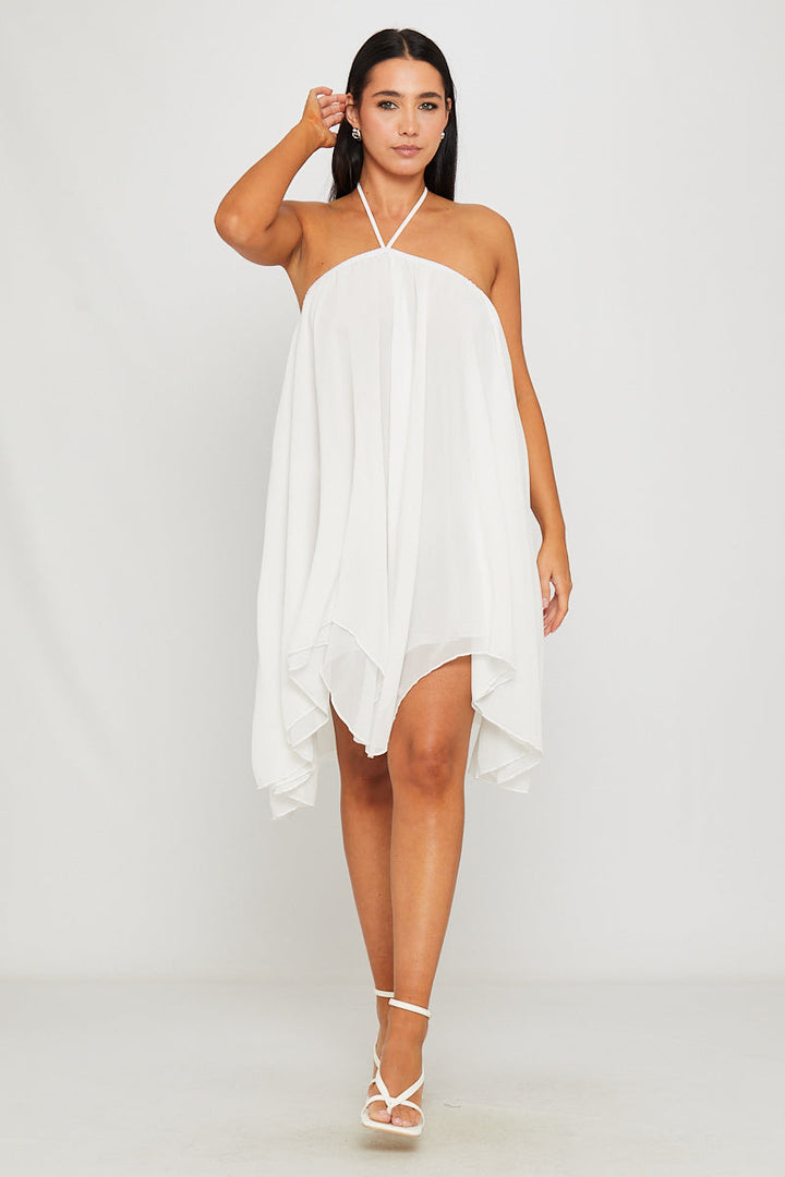 Valantomode | Chic White Halter Asymmetric Mini Dress for Effortless Style