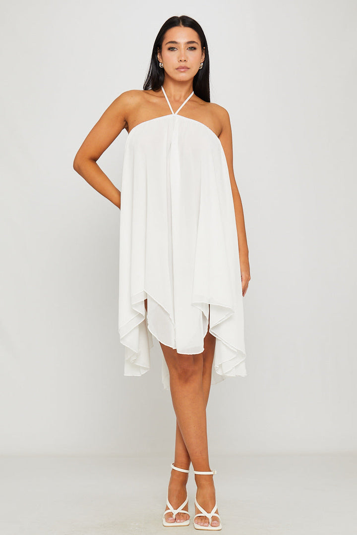 Valantomode | Chic White Halter Asymmetric Mini Dress for Effortless Style