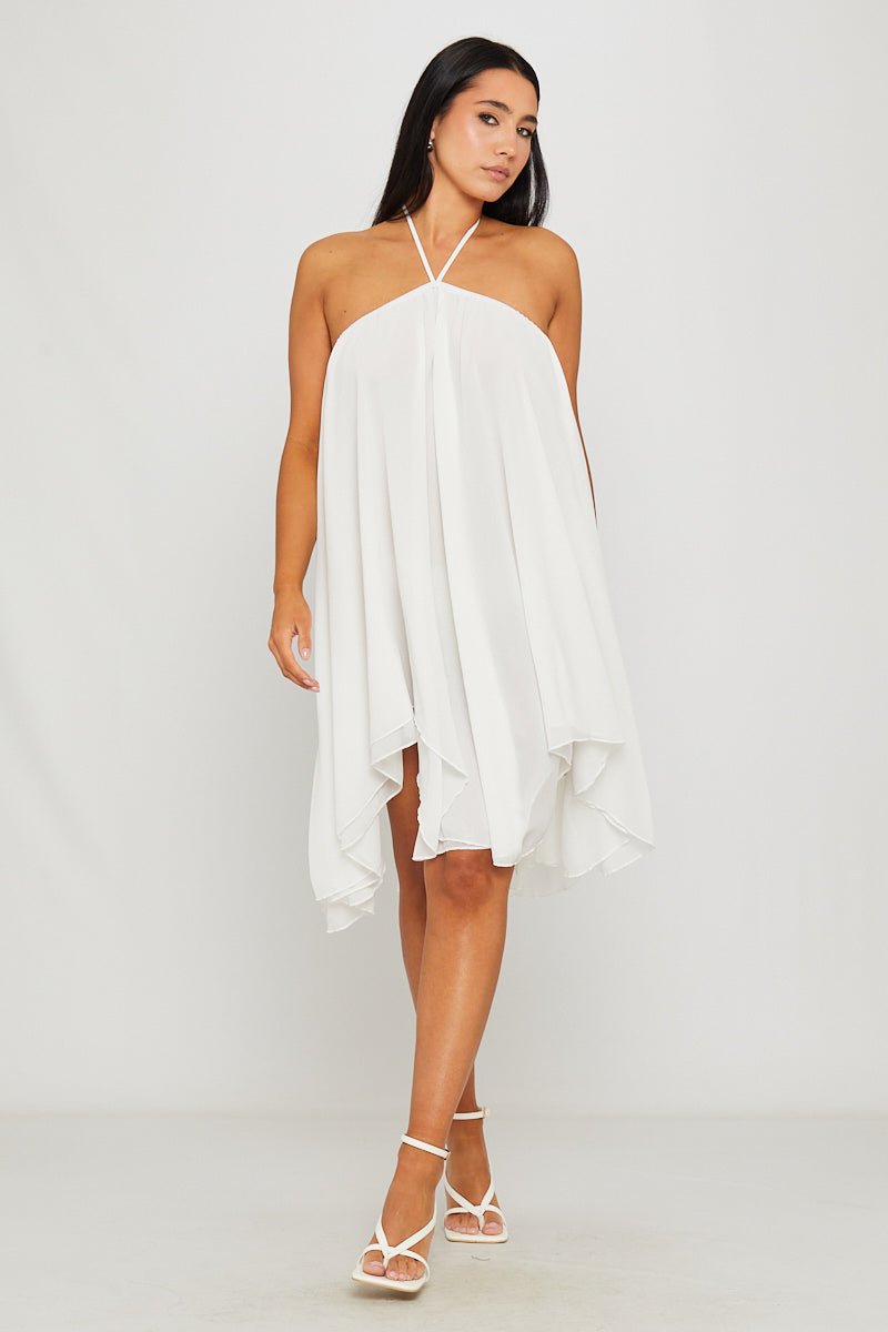Valantomode | Chic White Halter Asymmetric Mini Dress for Effortless Style