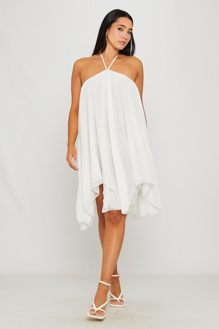 Valantomode | Chic White Halter Asymmetric Mini Dress for Effortless Style