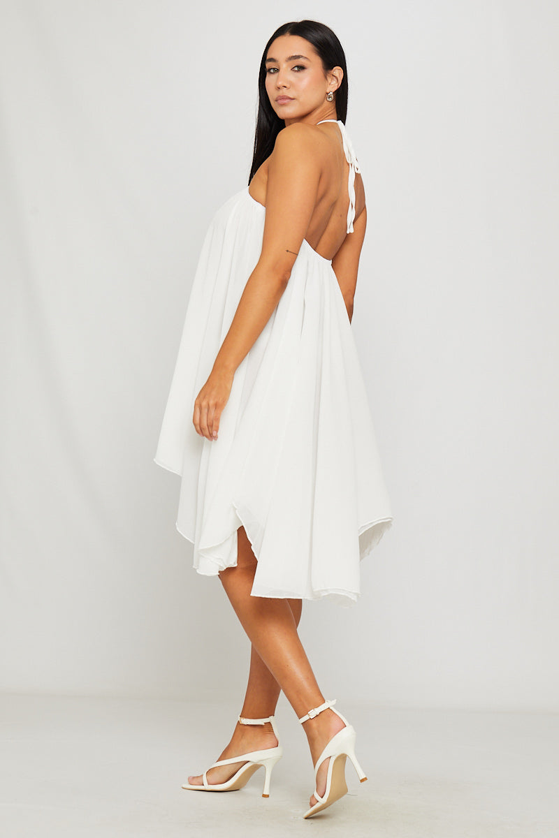 Valantomode | Chic White Halter Asymmetric Mini Dress for Effortless Style
