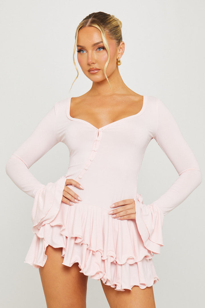 Valantomode | Chic Pink Ruffle Mini Dress with Flare Sleeves