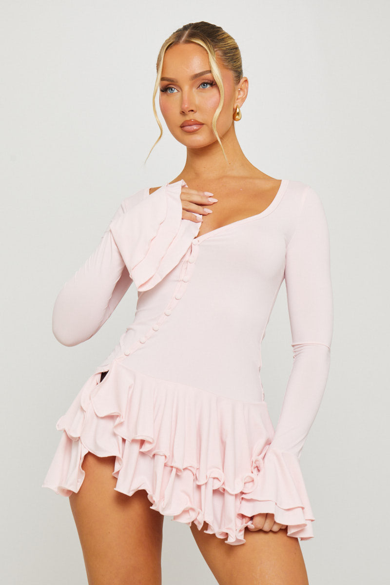 Valantomode | Chic Pink Ruffle Mini Dress with Flare Sleeves