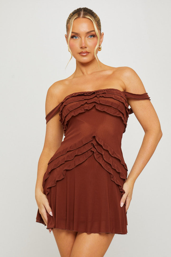 Valantomode | Chic Brown Strapless Ruffle Mini Chiffon Dress