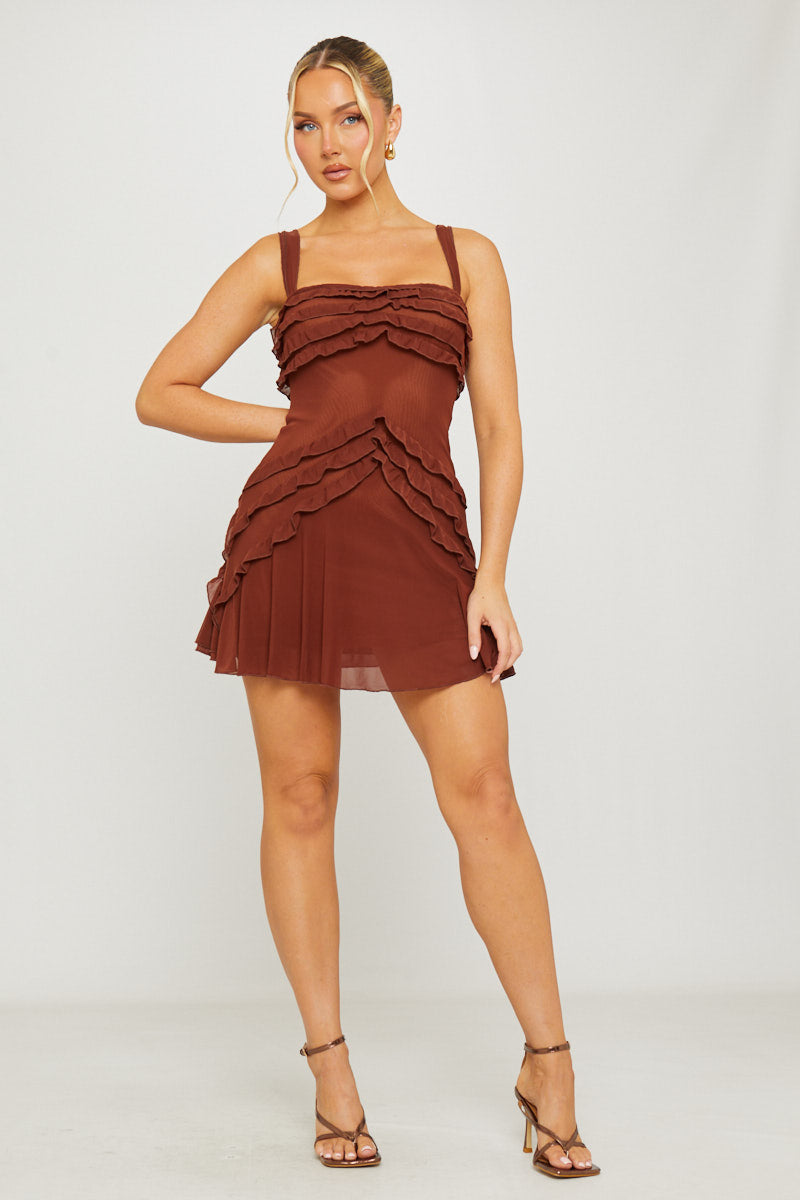 Valantomode | Chic Brown Strapless Ruffle Mini Chiffon Dress