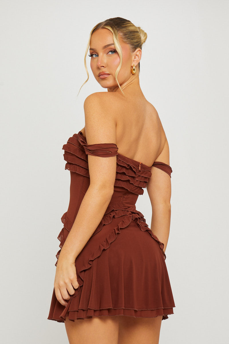 Valantomode | Chic Brown Strapless Ruffle Mini Chiffon Dress