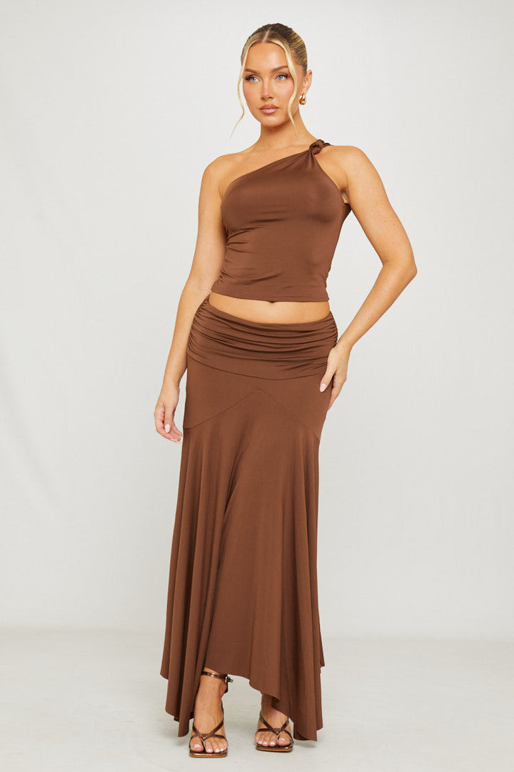 Valantomode | Chic Brown One Shoulder Top & Pleated Maxi Skirt Set