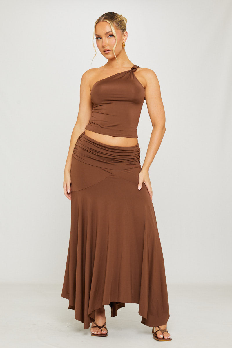 Valantomode | Chic Brown One Shoulder Top & Pleated Maxi Skirt Set