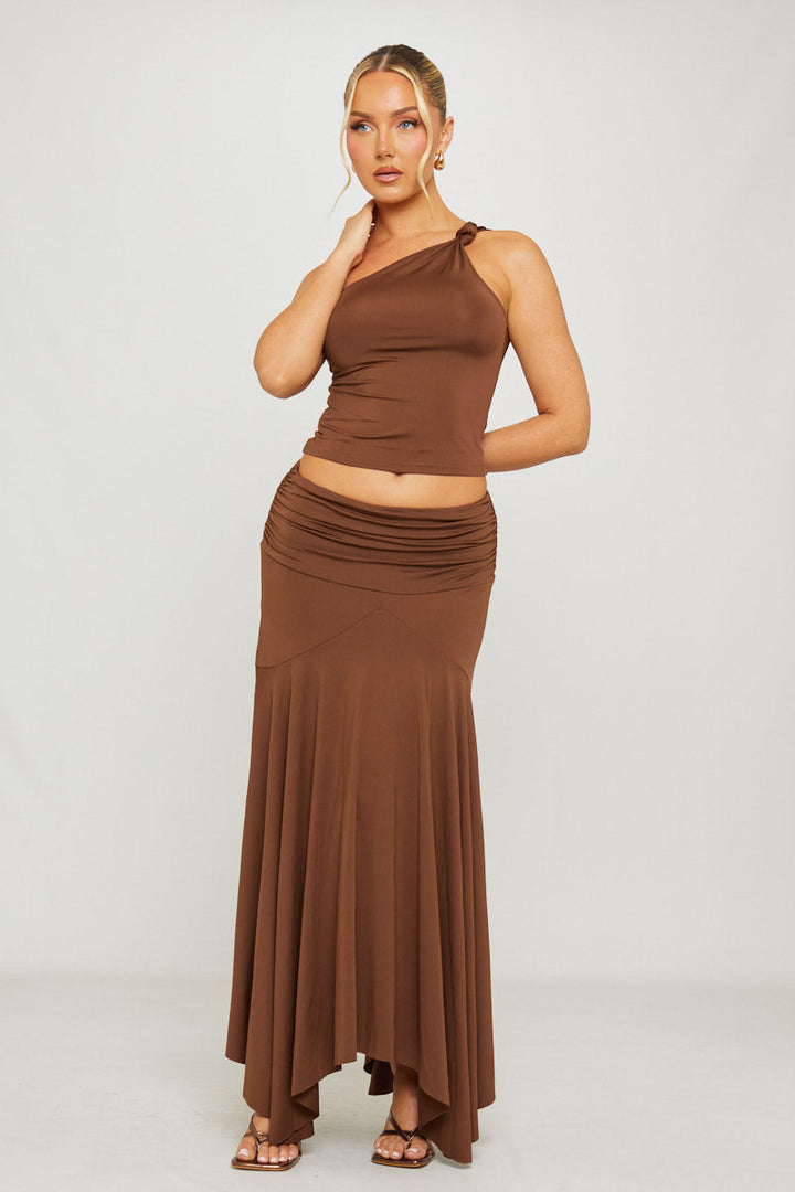 Valantomode | Chic Brown One Shoulder Top & Pleated Maxi Skirt Set
