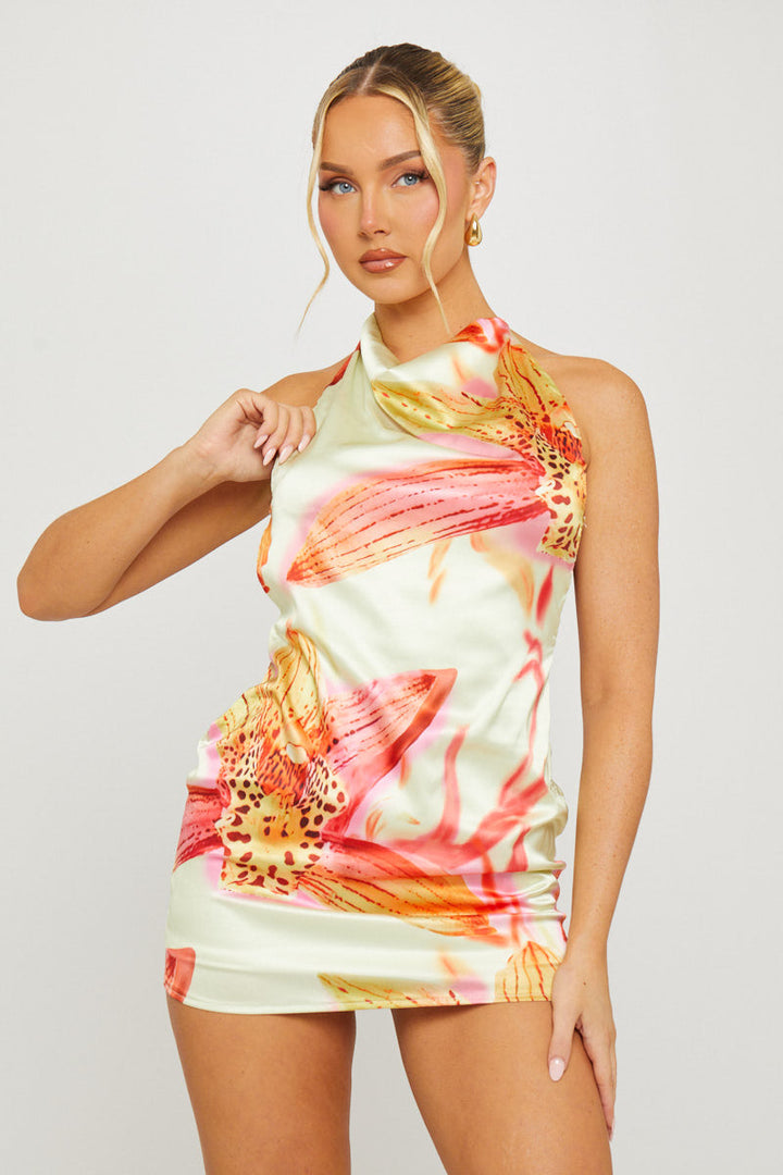 Valantomode | Chic Yellow Floral Backless Mini Dress with High Neck