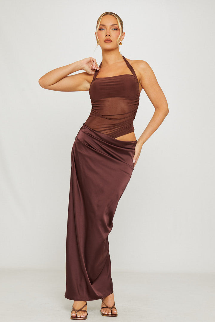 Valantomode | Chic Brown Asymmetric Maxi Dress with Mesh Halter Neck
