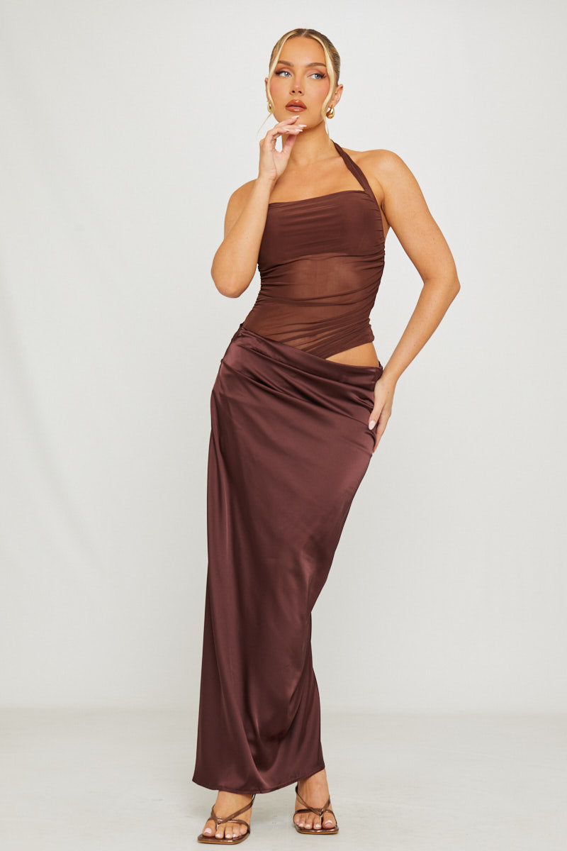 Valantomode | Chic Brown Asymmetric Maxi Dress with Mesh Halter Neck