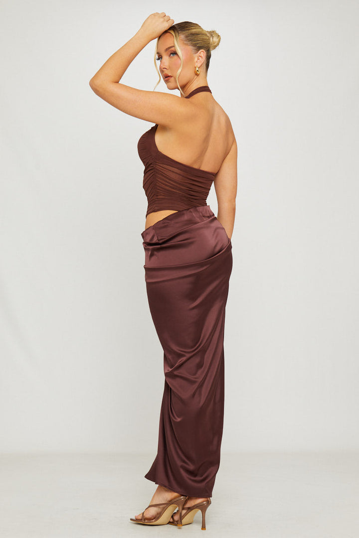 Valantomode | Chic Brown Asymmetric Maxi Dress with Mesh Halter Neck