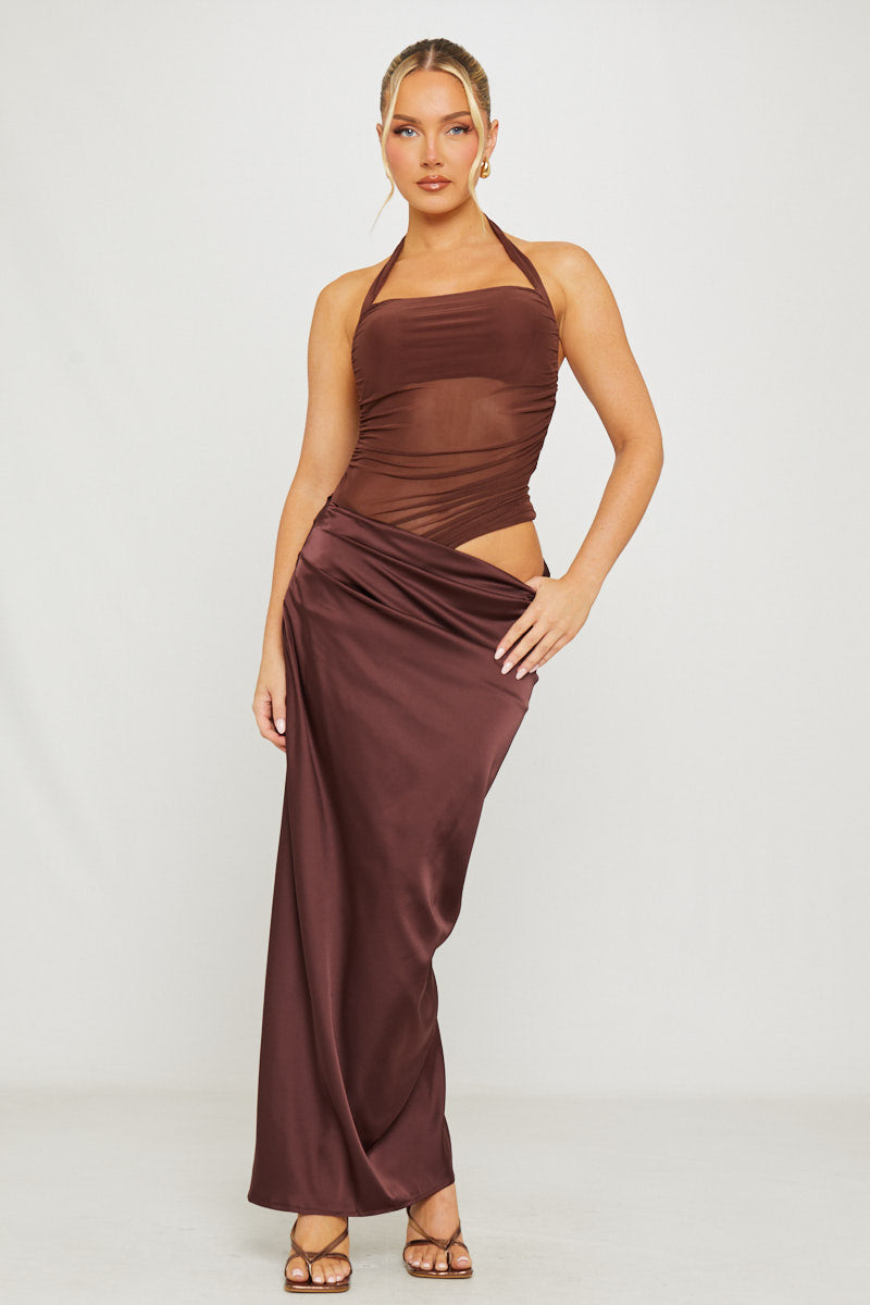 Valantomode | Chic Brown Asymmetric Maxi Dress with Mesh Halter Neck