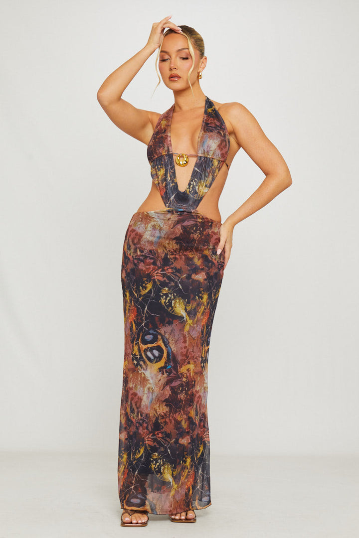 Valantomode | Chic Brown Plunge Halter Open Back Maxi Dress