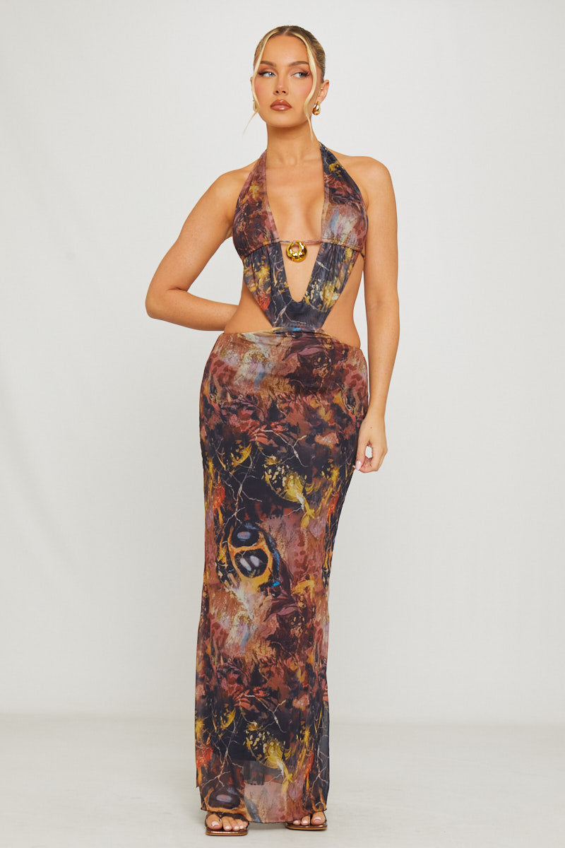 Valantomode | Chic Brown Plunge Halter Open Back Maxi Dress
